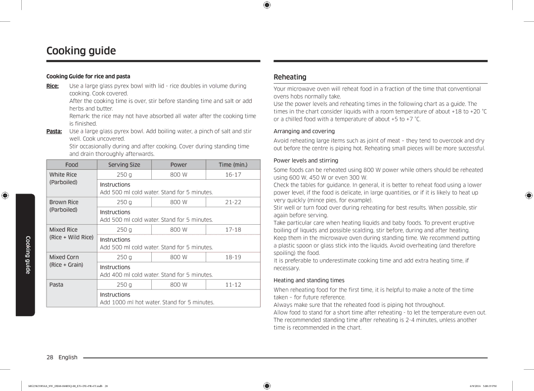 Samsung MG23K3585AS/SW manual Reheating, Cooking Guide for rice and pasta 