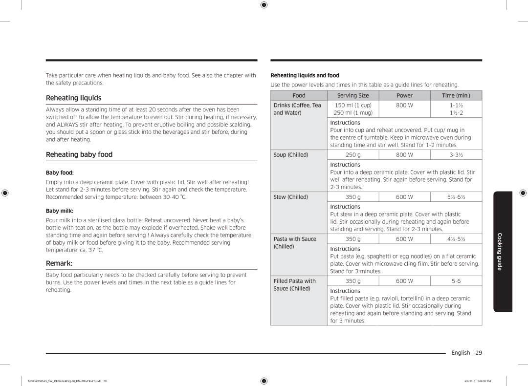 Samsung MG23K3585AS/SW manual Reheating liquids, Reheating baby food, Remark 