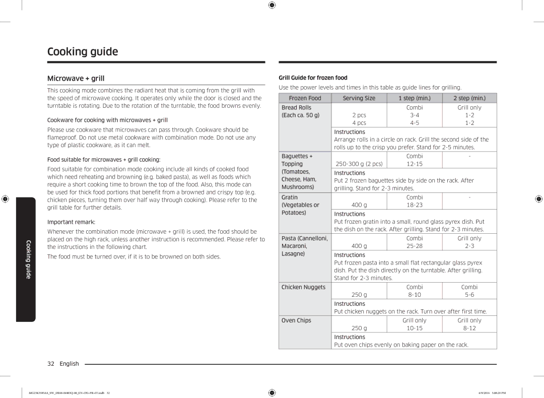 Samsung MG23K3585AS/SW manual Microwave + grill, Grill Guide for frozen food 