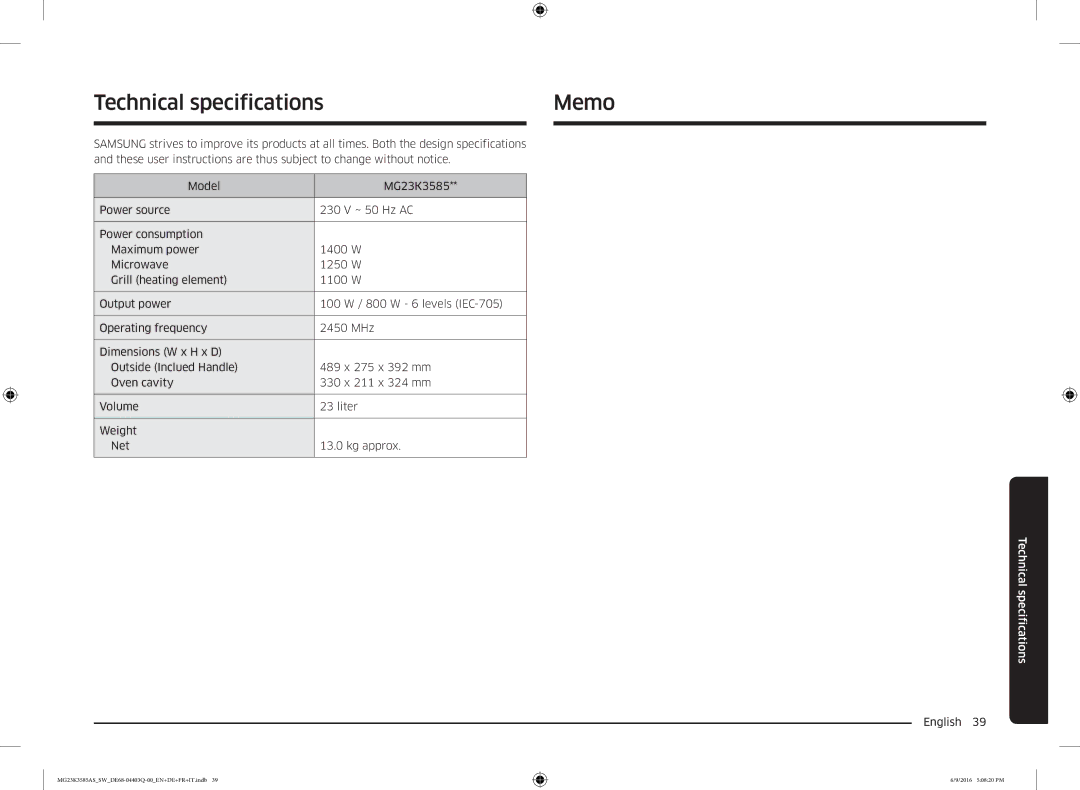 Samsung MG23K3585AS/SW manual Technical specifications Memo 