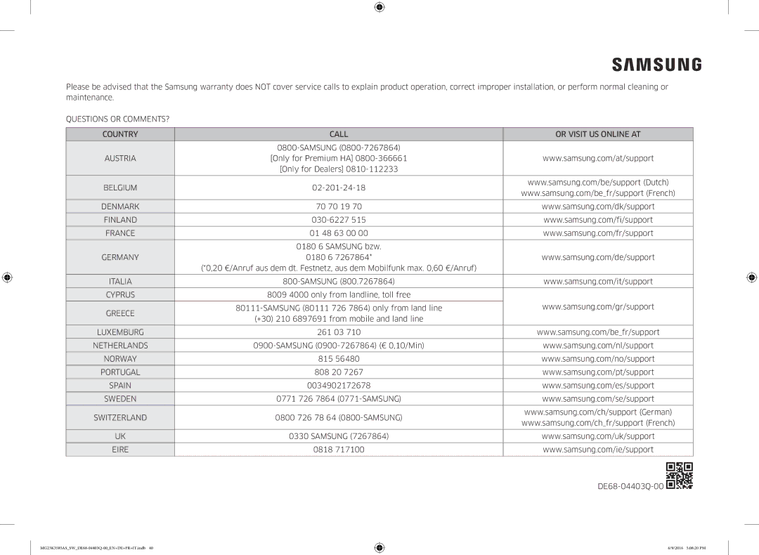 Samsung MG23K3585AS/SW Questions or COMMENTS? Country Call Or Visit US Online AT, Belgium, Denmark, Finland, France, Spain 