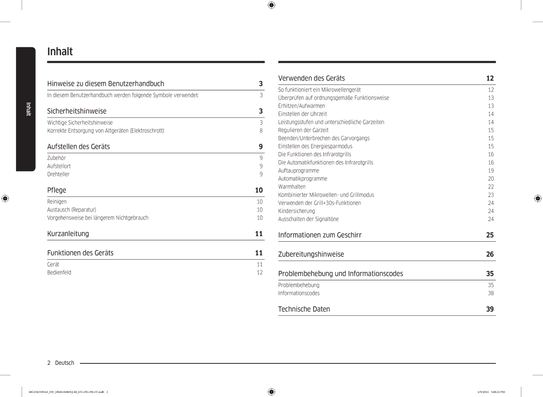 Samsung MG23K3585AS/SW manual Inhalt 