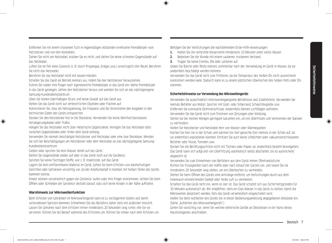 Samsung MG23K3585AS/SW manual Warnhinweis zur Mikrowellenfunktion, Sicherheitshinweise zur Verwendung des Mikrowellengeräts 