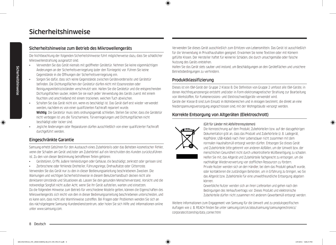 Samsung MG23K3585AS/SW manual Sicherheitshinweise zum Betrieb des Mikrowellengeräts, Eingeschränkte Garantie 