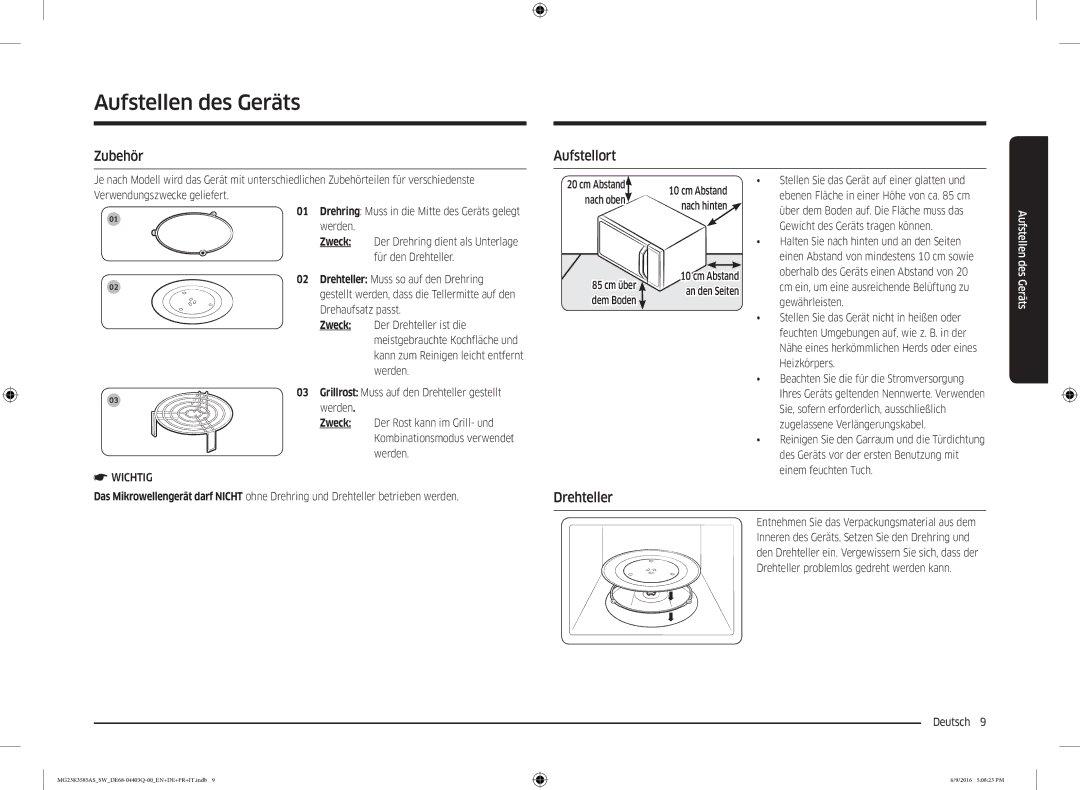 Samsung MG23K3585AS/SW manual Aufstellen des Geräts, Zubehör, Aufstellort, Drehteller, Zweck 