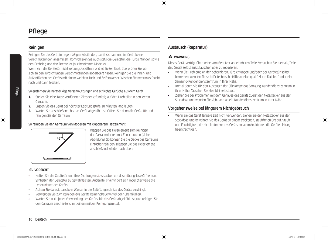 Samsung MG23K3585AS/SW manual Pflege, Reinigen, Austausch Reparatur, Vorgehensweise bei längerem Nichtgebrauch 