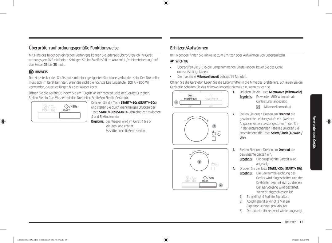 Samsung MG23K3585AS/SW manual Überprüfen auf ordnungsgemäße Funktionsweise, Erhitzen/Aufwärmen, Ergebnis 