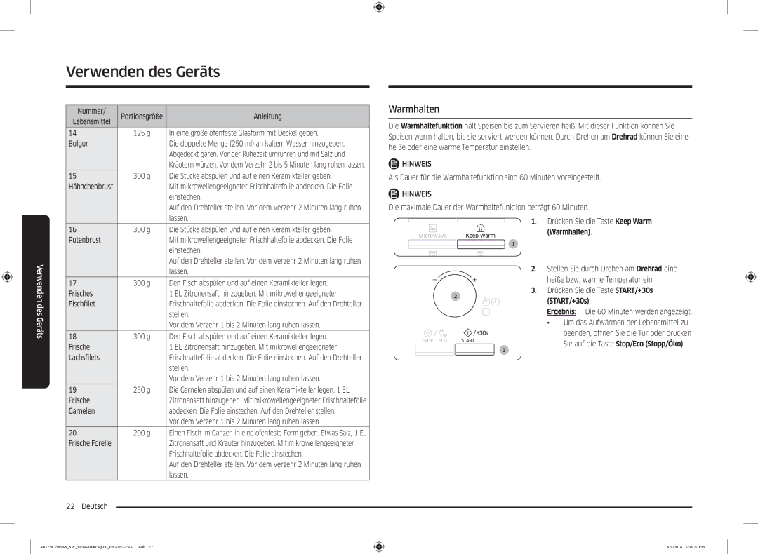 Samsung MG23K3585AS/SW manual Warmhalten 