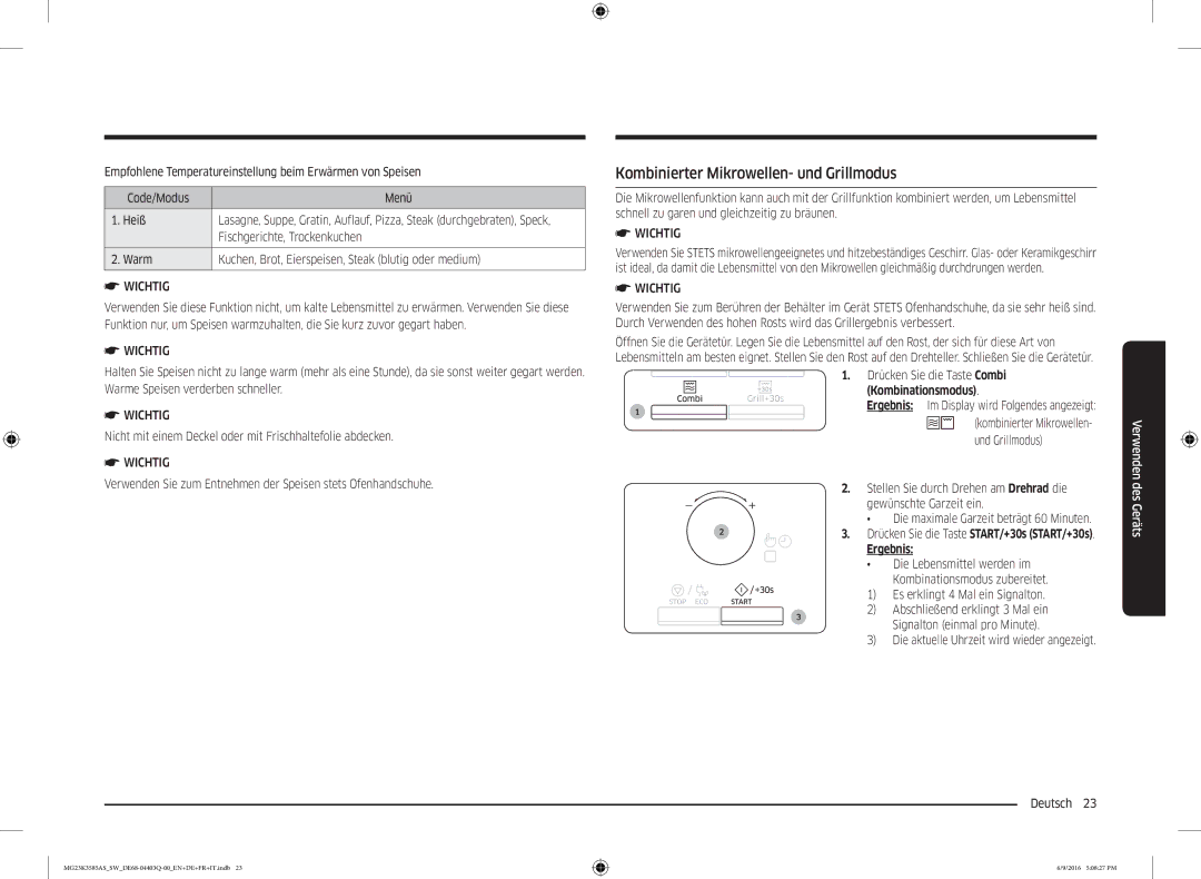 Samsung MG23K3585AS/SW manual Kombinierter Mikrowellen- und Grillmodus, Drücken Sie die Taste Combi, Und Grillmodus 