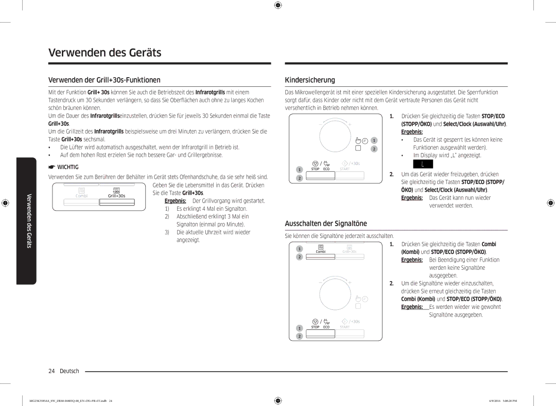 Samsung MG23K3585AS/SW manual Verwenden der Grill+30s-Funktionen, Kindersicherung, Ausschalten der Signaltöne 