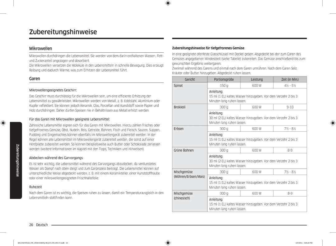 Samsung MG23K3585AS/SW manual Mikrowellen, Garen, Zubereitungshinweise für tiefgefrorenes Gemüse 