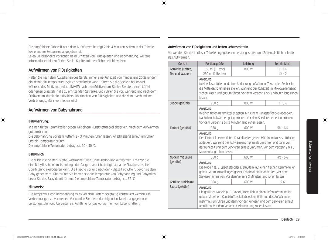 Samsung MG23K3585AS/SW manual Aufwärmen von Flüssigkeiten, Aufwärmen von Babynahrung, Hinweis 