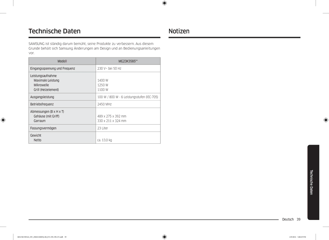 Samsung MG23K3585AS/SW manual Technische Daten Notizen 