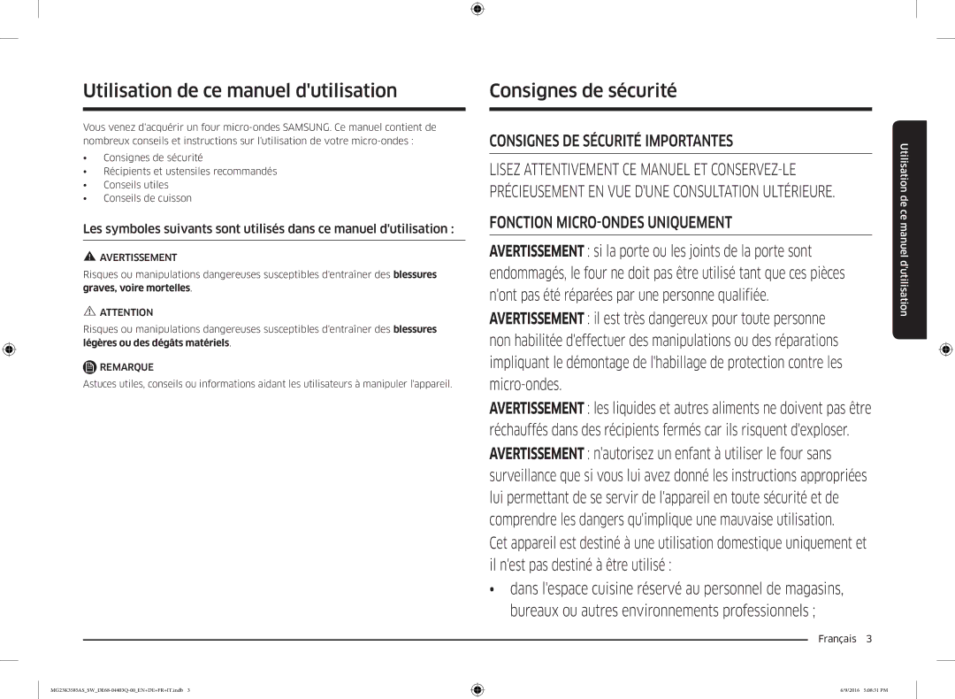 Samsung MG23K3585AS/SW Utilisation de ce manuel dutilisation, Consignes de sécurité, Avertissement, Remarque, Français  