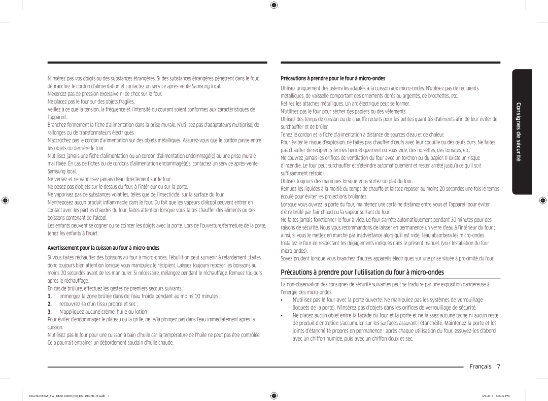 Samsung MG23K3585AS/SW manual Avertissement pour la cuisson au four à micro-ondes 