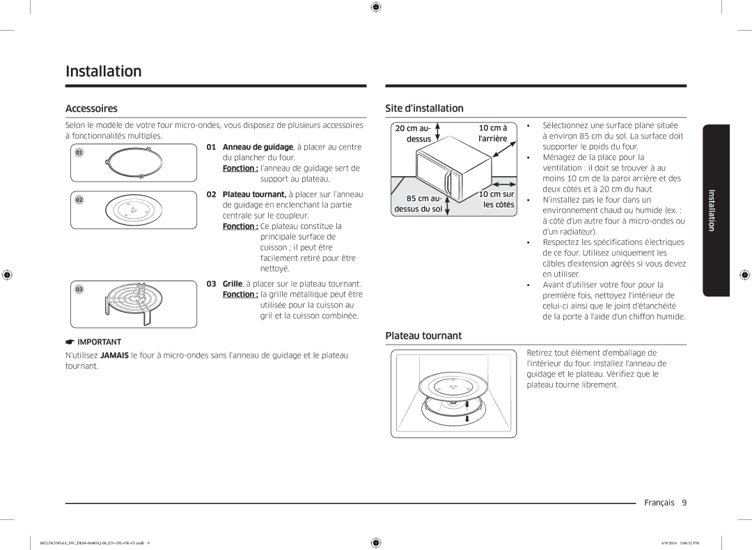 Samsung MG23K3585AS/SW manual Accessoires, Site dinstallation, Plateau tournant, Anneau de guidage, à placer au centre 