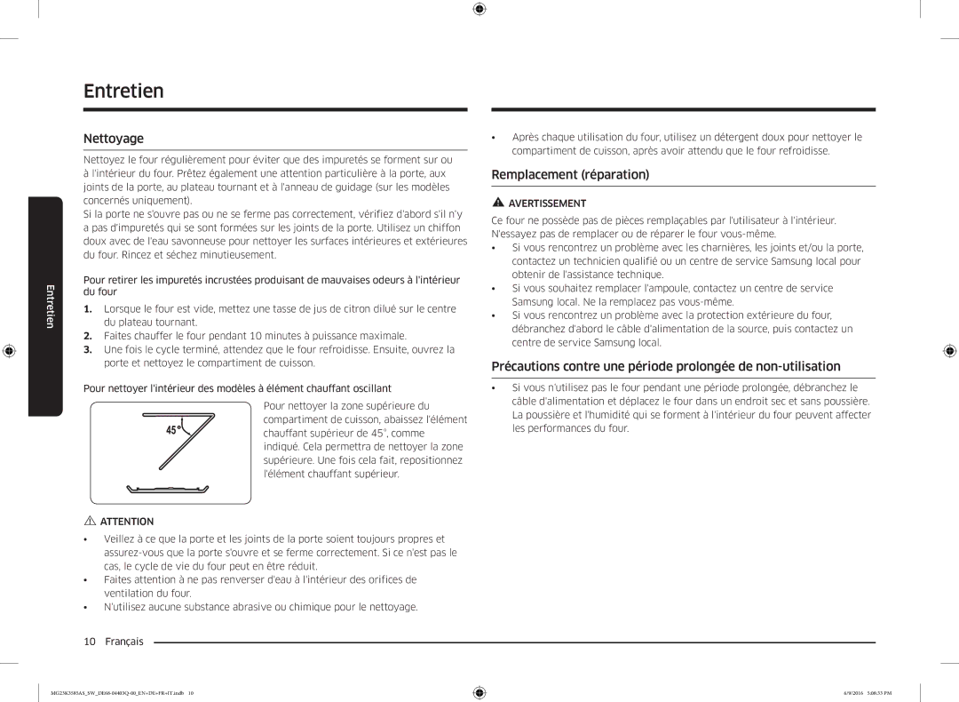 Samsung MG23K3585AS/SW manual Entretien, Nettoyage, Remplacement réparation 