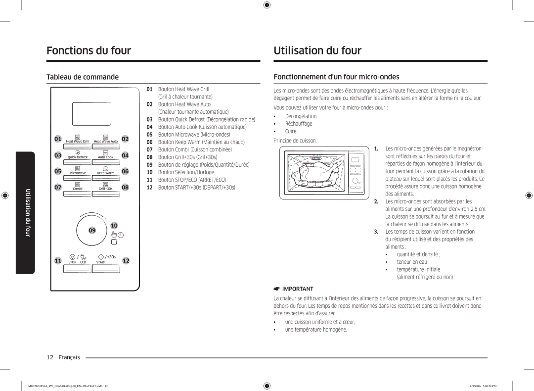 Samsung MG23K3585AS/SW manual FonctionsUtilisationdufour, Utilisation du four, Tableau de commande 