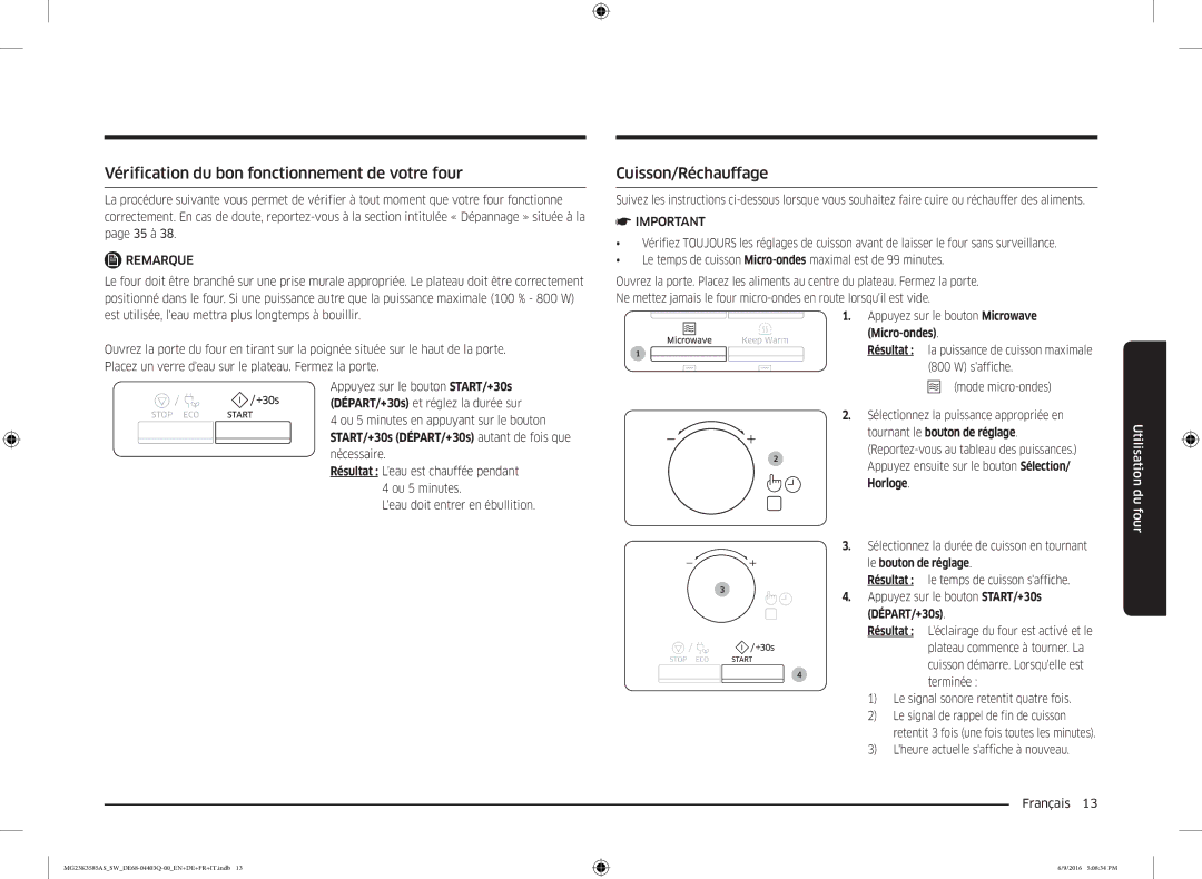 Samsung MG23K3585AS/SW manual Vérification du bon fonctionnement de votre four, Cuisson/Réchauffage 