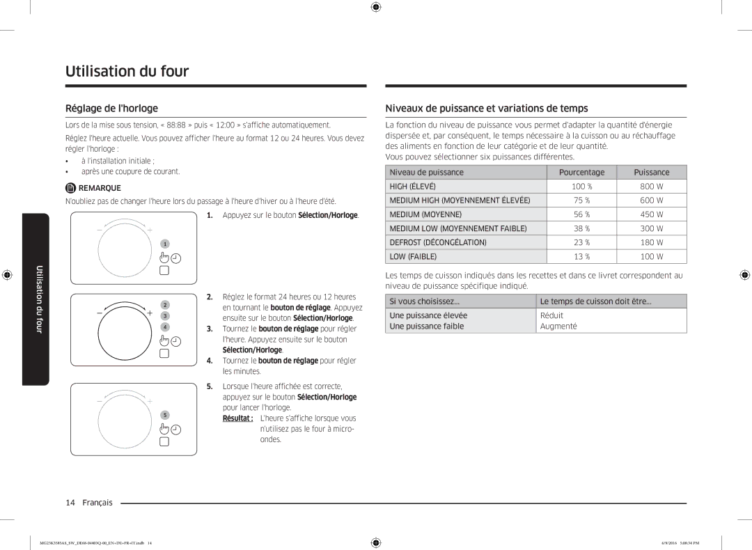 Samsung MG23K3585AS/SW manual Réglage de lhorloge, Niveaux de puissance et variations de temps 