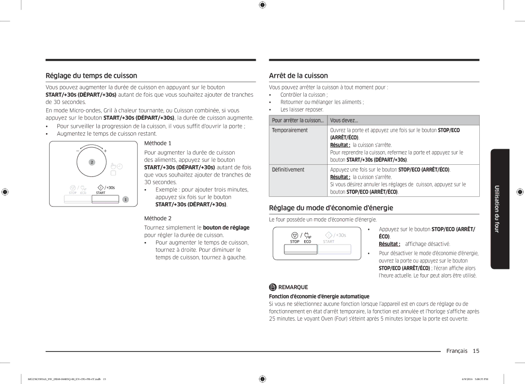 Samsung MG23K3585AS/SW manual Réglage du temps de cuisson, Arrêt de la cuisson, Réglage du mode déconomie dénergie 