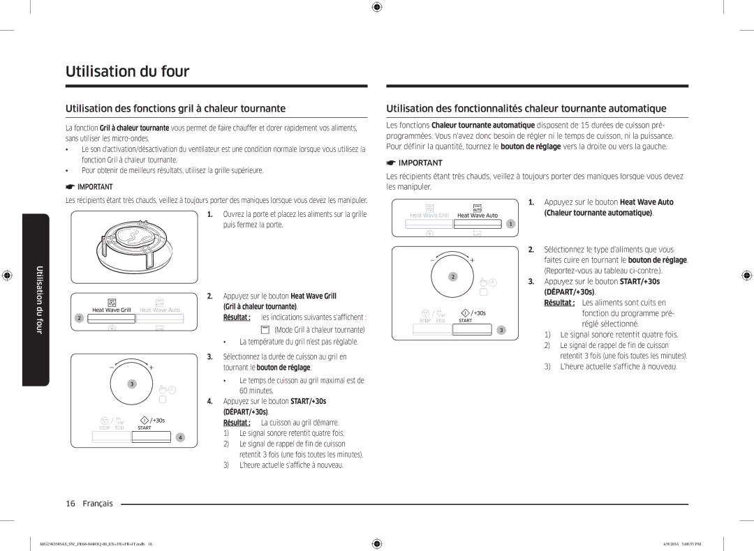 Samsung MG23K3585AS/SW manual Utilisation des fonctions gril à chaleur tournante, Tournant le bouton de réglage 