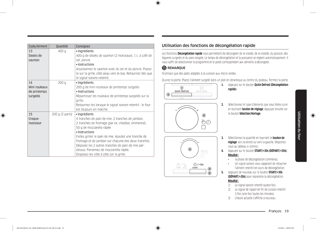 Samsung MG23K3585AS/SW manual Utilisation des fonctions de décongélation rapide 