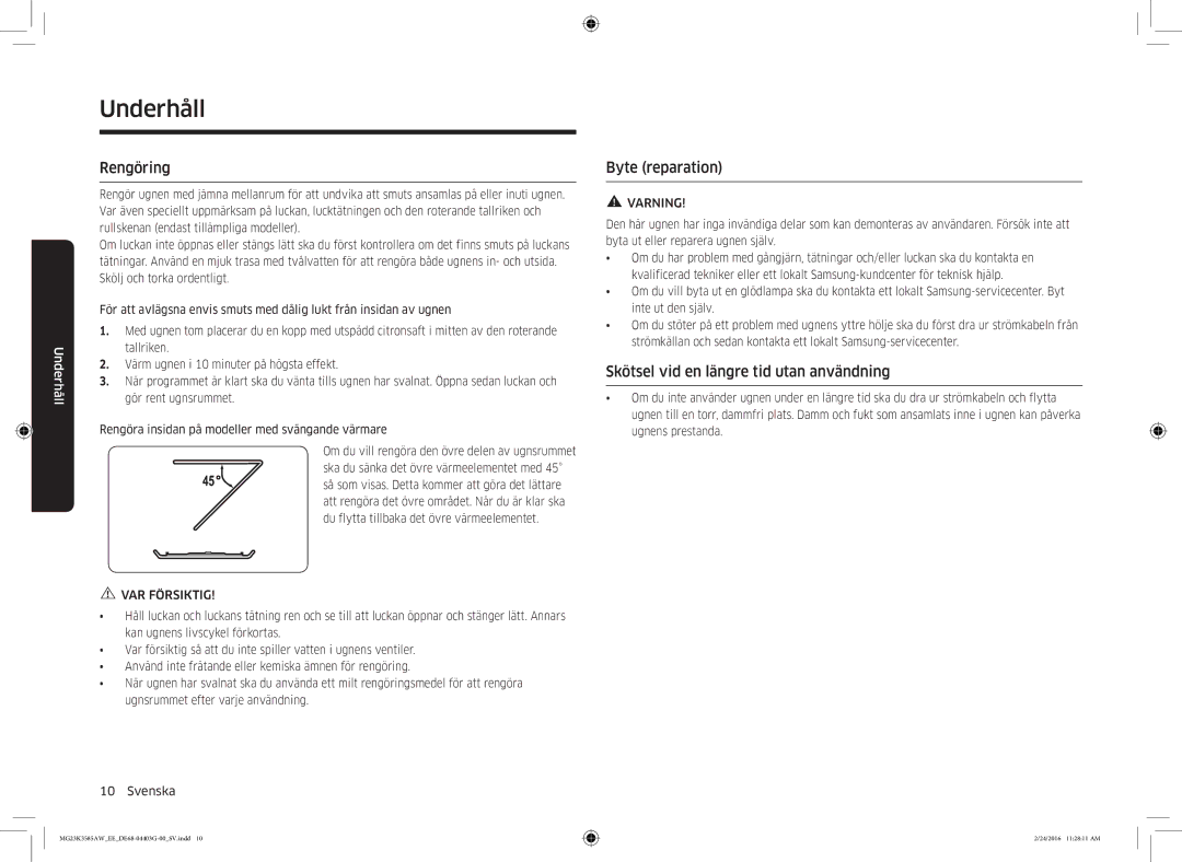 Samsung MG23K3585AW/EE manual Underhåll, Rengöring, Byte reparation, Skötsel vid en längre tid utan användning 