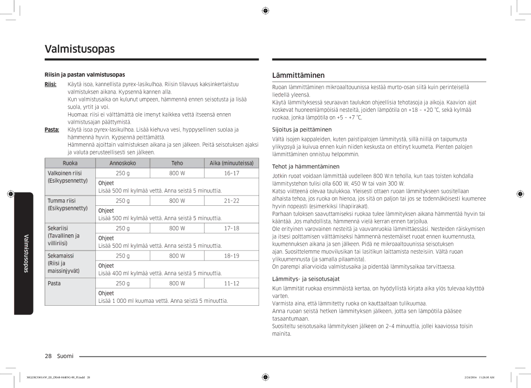 Samsung MG23K3585AW/EE manual Lämmittäminen, Riisin ja pastan valmistusopas 