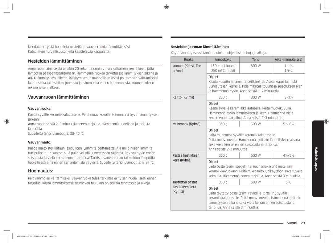 Samsung MG23K3585AW/EE manual Nesteiden lämmittäminen, Vauvanruoan lämmittäminen, Huomautus 