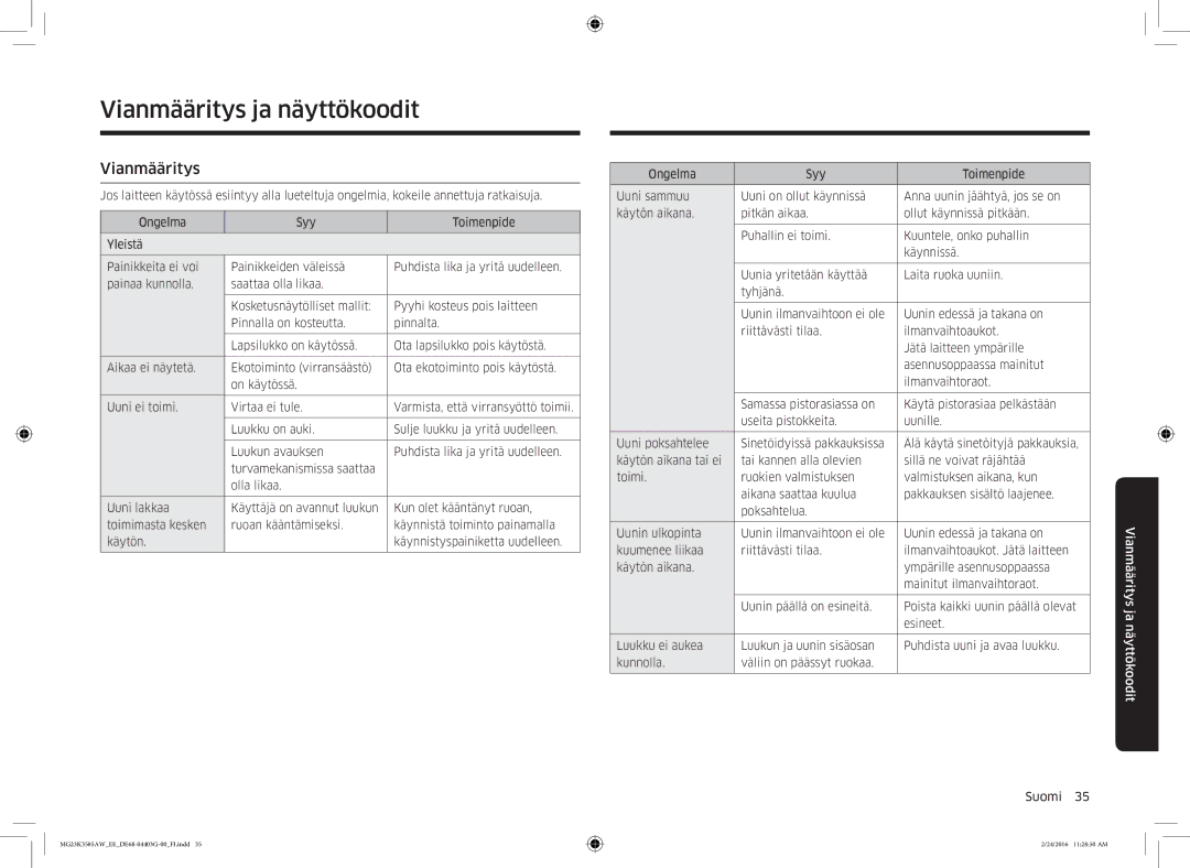 Samsung MG23K3585AW/EE manual Vianmääritys ja näyttökoodit 