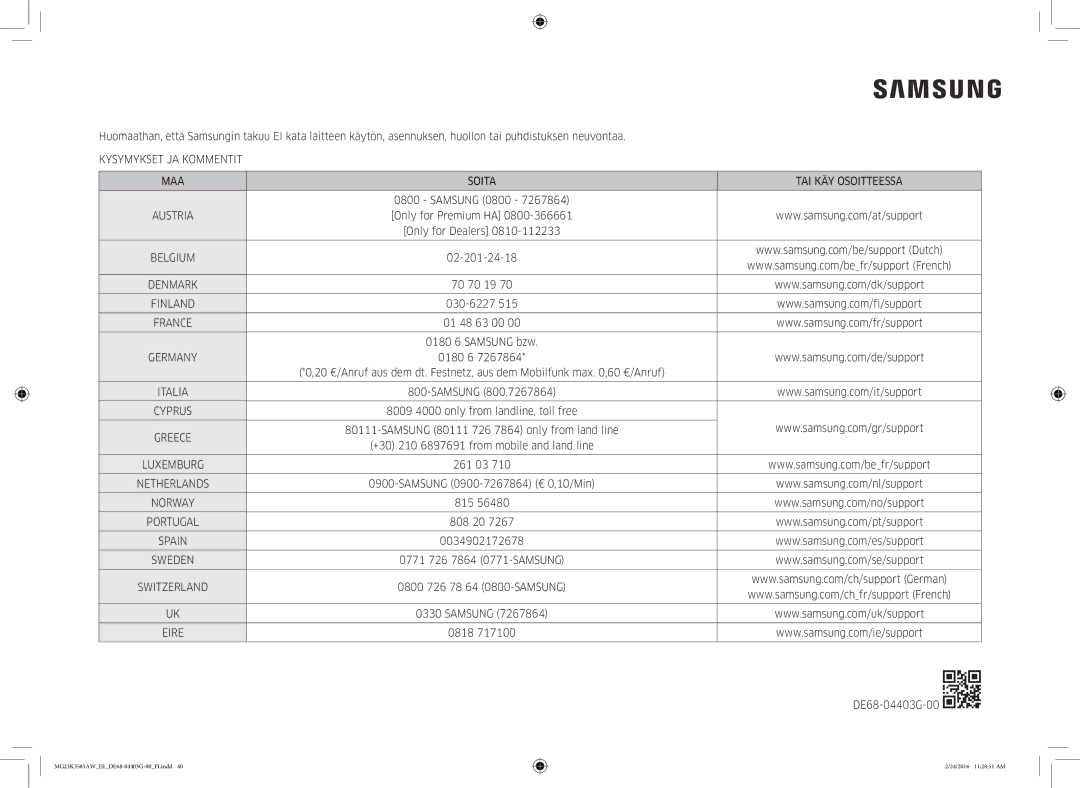 Samsung MG23K3585AW/EE manual Kysymykset JA Kommentit MAA Soita TAI KÄY Osoitteessa, Belgium, Eire 