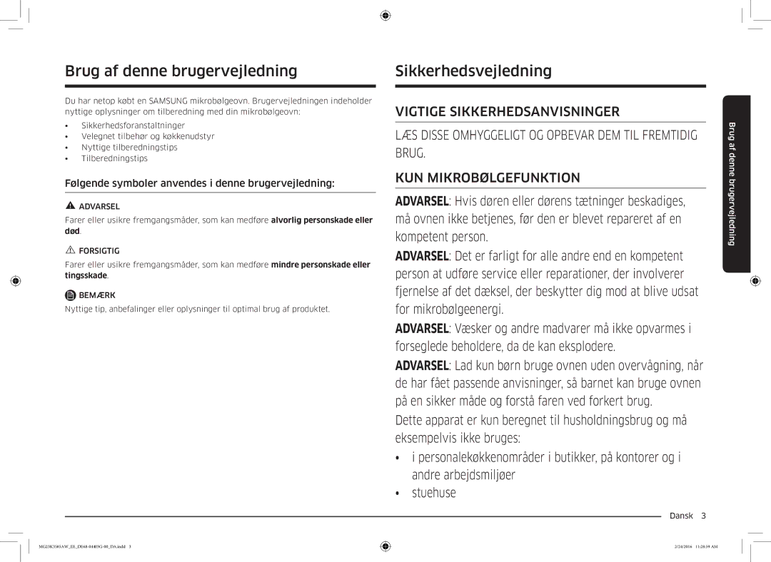 Samsung MG23K3585AW/EE manual Brug af denne brugervejledning, Sikkerhedsvejledning, Forsigtig, Bemærk 