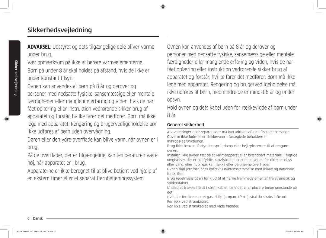 Samsung MG23K3585AW/EE manual Generel sikkerhed 