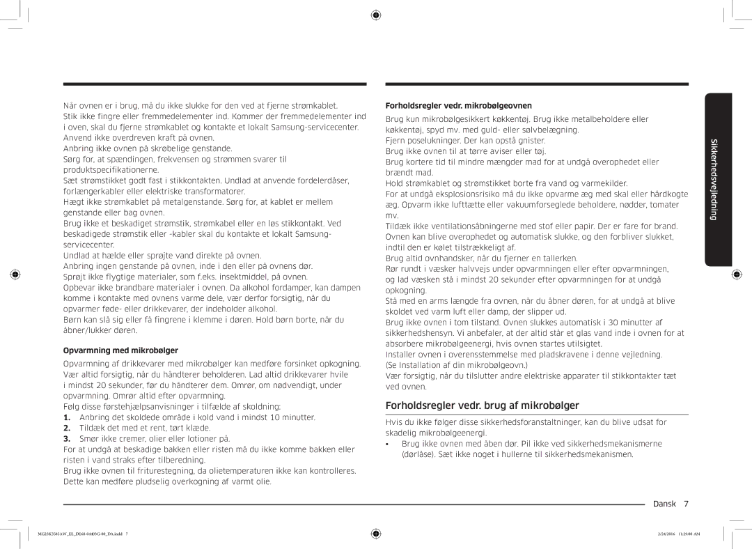 Samsung MG23K3585AW/EE manual Forholdsregler vedr. brug af mikrobølger, Opvarmning med mikrobølger 