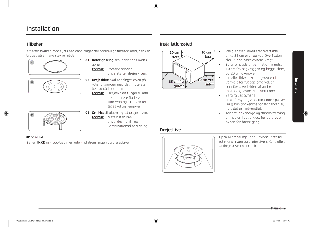 Samsung MG23K3585AW/EE manual Installationssted, Drejeskive, Vigtigt 