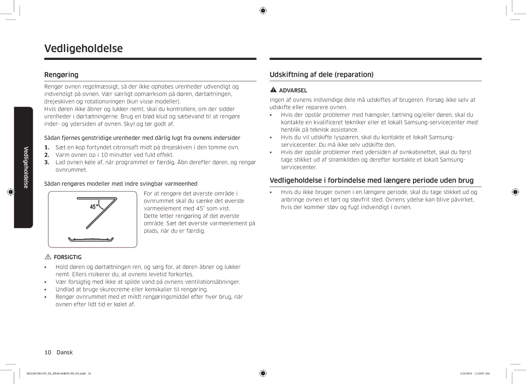 Samsung MG23K3585AW/EE manual Vedligeholdelse, Rengøring, Udskiftning af dele reparation 