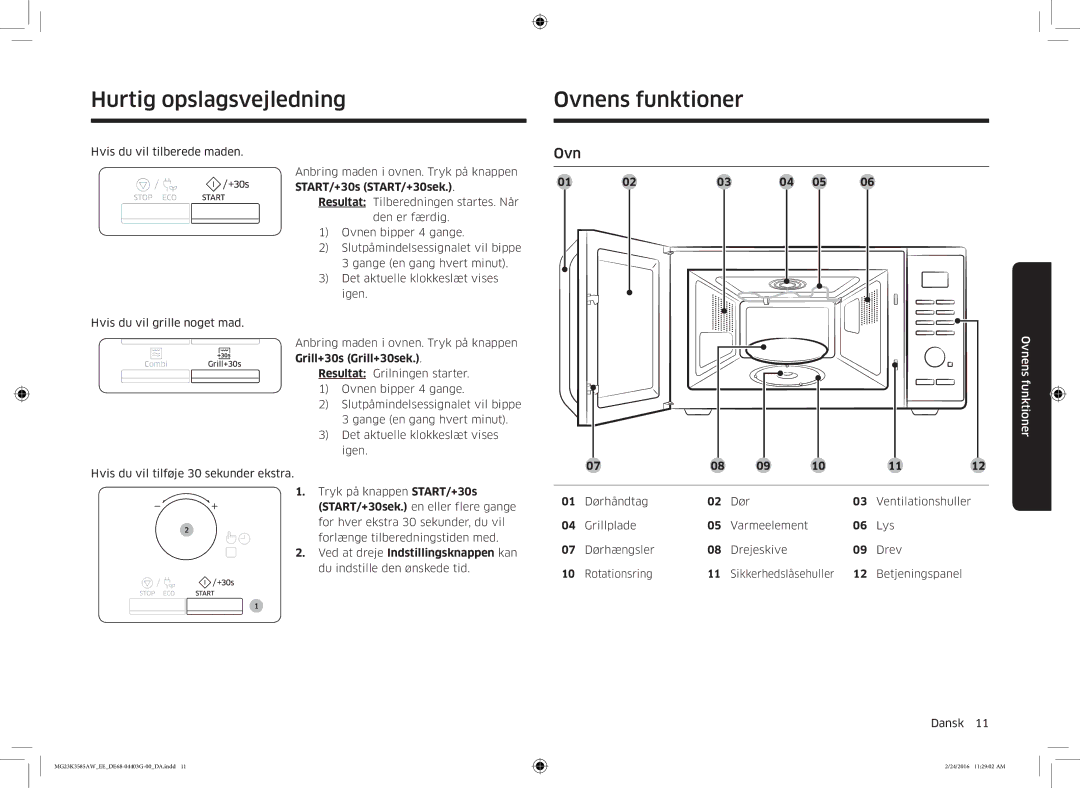 Samsung MG23K3585AW/EE manual Hurtig opslagsvejledning Ovnens funktioner 