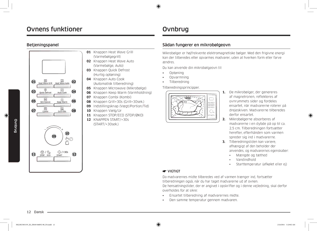 Samsung MG23K3585AW/EE manual Ovnbrug, Betjeningspanel, Sådan fungerer en mikrobølgeovn 