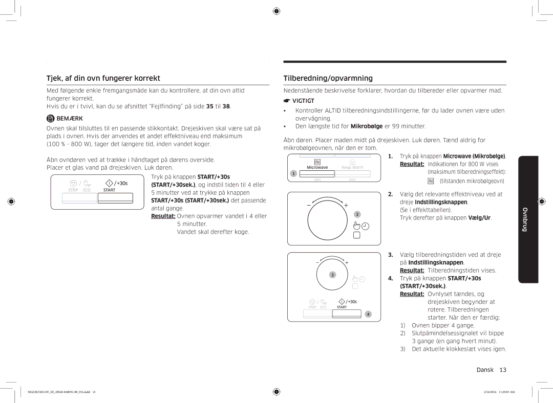 Samsung MG23K3585AW/EE manual Tjek, af din ovn fungerer korrekt, Tilberedning/opvarmning, På Indstillingsknappen 