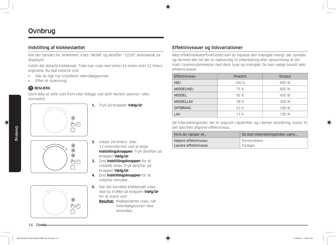 Samsung MG23K3585AW/EE manual Indstilling af klokkeslættet, Effektniveauer og tidsvariationer 