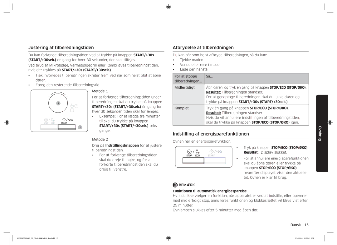 Samsung MG23K3585AW/EE Justering af tilberedningstiden, Afbrydelse af tilberedningen, Indstilling af energisparefunktionen 