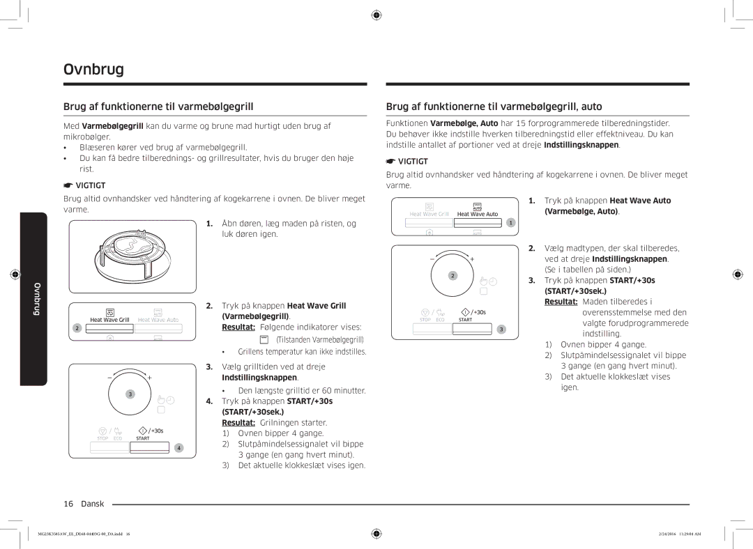 Samsung MG23K3585AW/EE Brug af funktionerne til varmebølgegrill, auto, Indstillingsknappen, Tryk på knappen START/+30s 