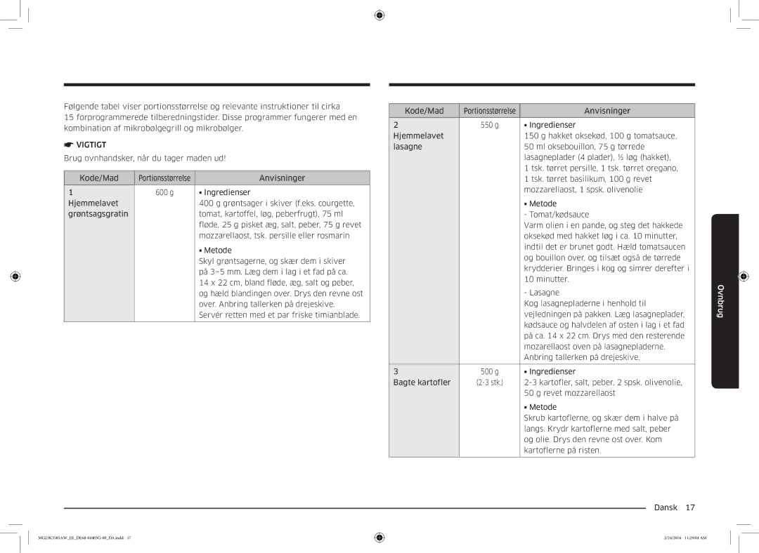 Samsung MG23K3585AW/EE manual Brug ovnhandsker, når du tager maden ud Kode/Mad 