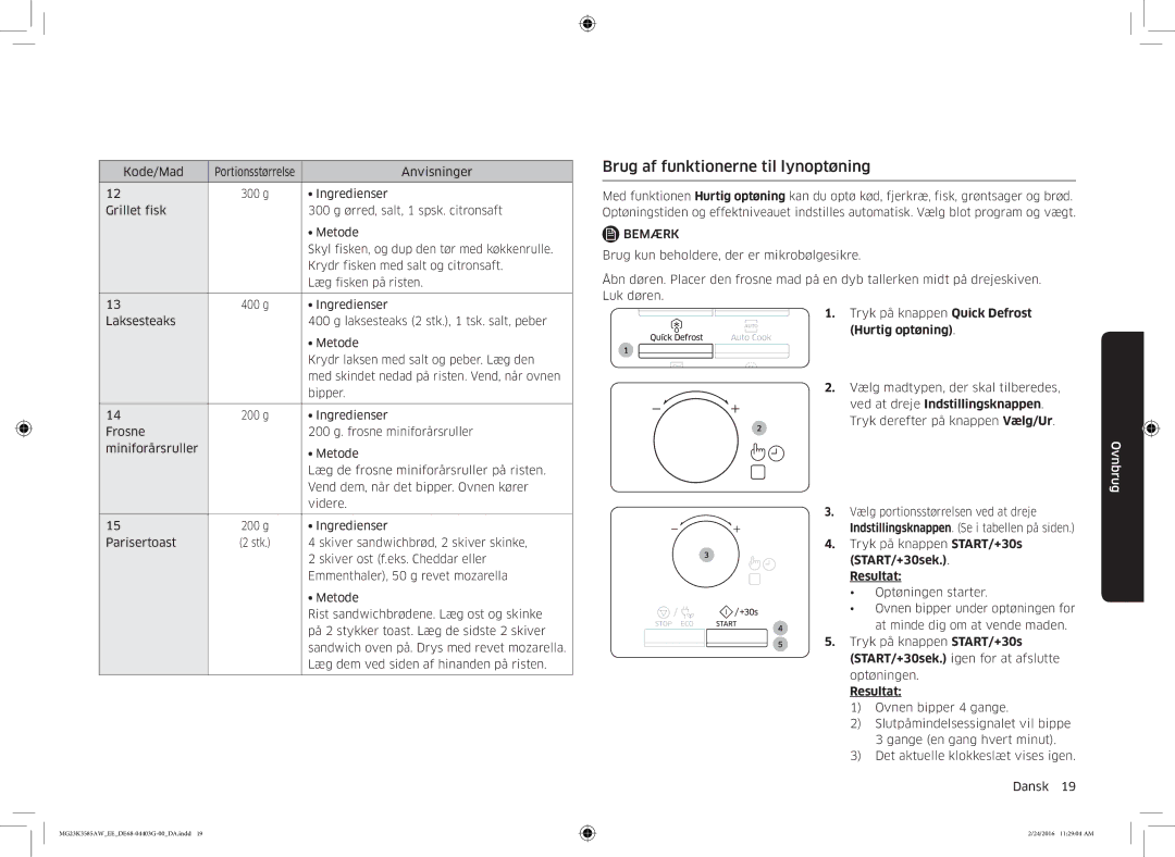 Samsung MG23K3585AW/EE manual Brug af funktionerne til lynoptøning, Bemærk 