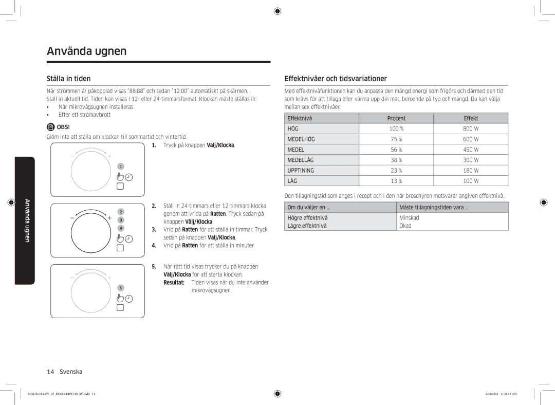 Samsung MG23K3585AW/EE manual Ställa in tiden, Effektnivåer och tidsvariationer 