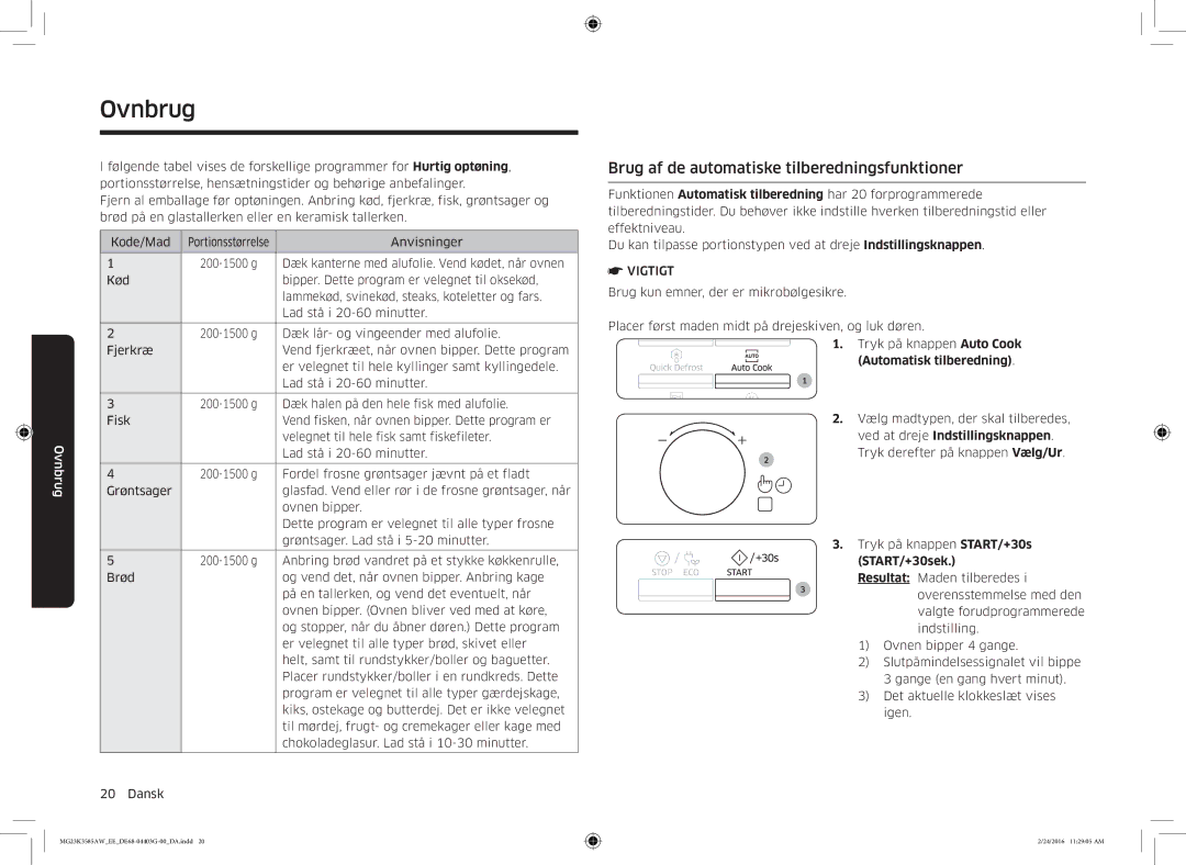 Samsung MG23K3585AW/EE manual Brug af de automatiske tilberedningsfunktioner, Vigtigt 