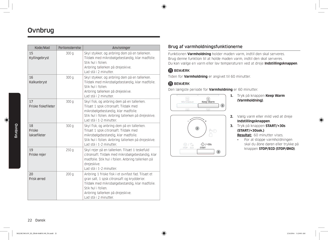 Samsung MG23K3585AW/EE manual Brug af varmholdningsfunktionerne, Varmholdning 