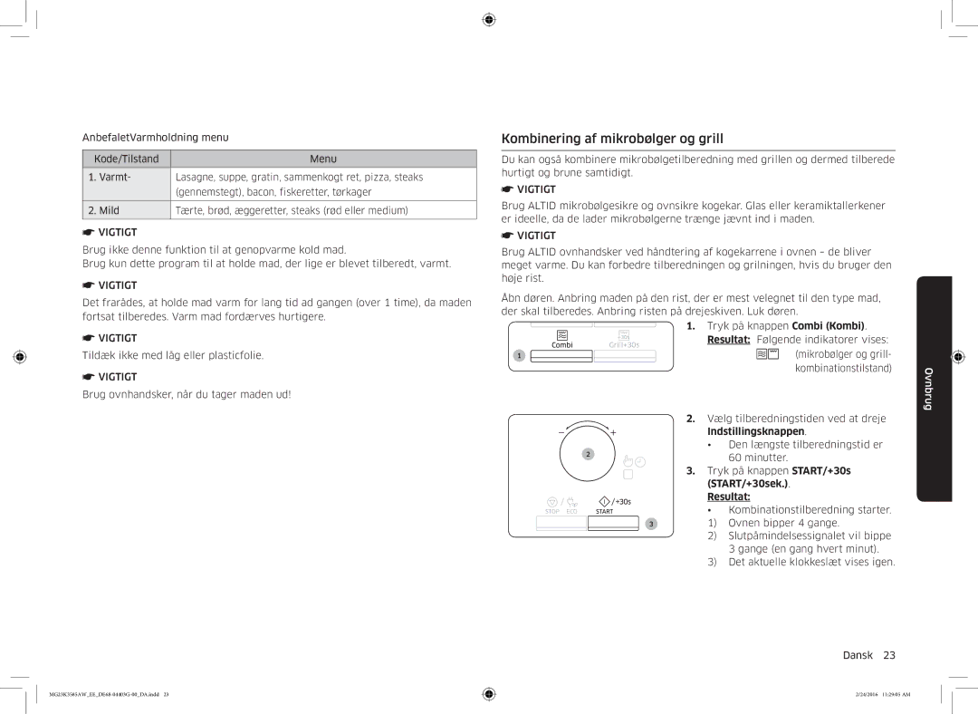 Samsung MG23K3585AW/EE manual Kombinering af mikrobølger og grill, Vigtigt 