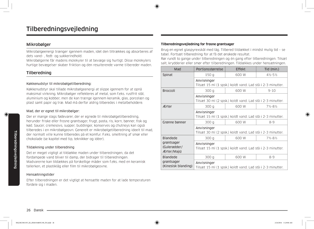 Samsung MG23K3585AW/EE manual Tilberedningsvejledning for frosne grøntsager 